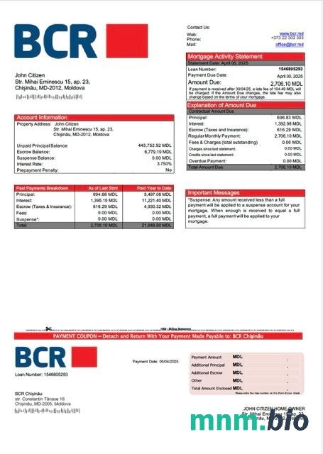 Mołdawia BCR Kiszyniów wyciąg z kredytu hipotecznego szablon Word i PDF